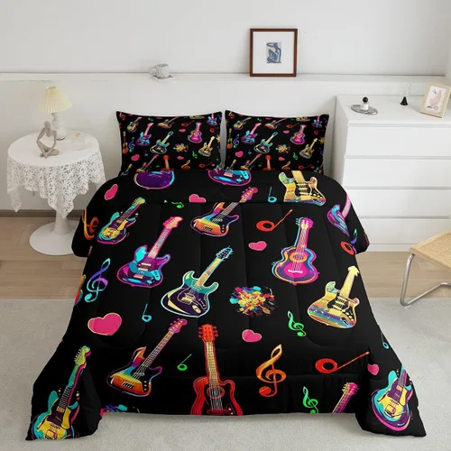 Vista 32 de Castle Fairy Juego de edredón de botas de vaquero, tamaño individual, juego de ropa de cama bohemio con guitarra musical para niños y niños