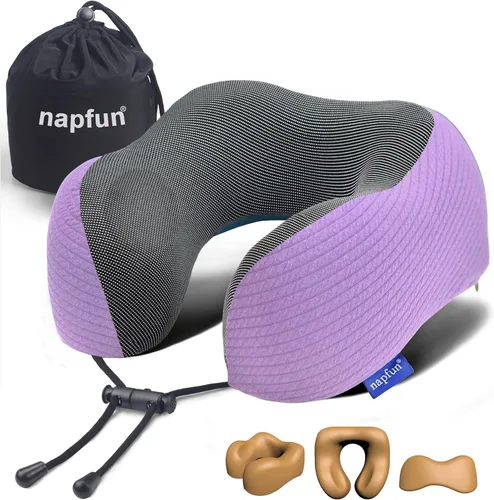Vista 17 de NapFun - Almohada de cuello para viajes, almohada de cuello de viaje mejorada para avión 100% espuma viscoelástica para dormir y descansar durante