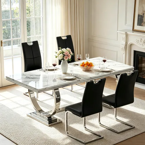 Vista 14 de Juego de mesa de comedor de mármol para 4, mesa de cocina rectangular de mármol blanco de 70 pulgadas con base en O de acero inoxidable dorado