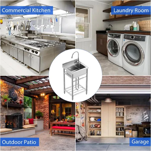 Vista 3 de Fregadero de cocina de acero inoxidable, fregadero utilitario de 24 x 20 x 41 pulgadas con grifo extraíble, grifo de agua caliente y fría, cuenco