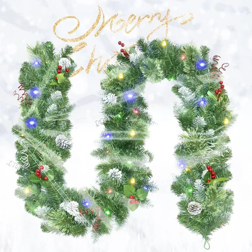 Vista 7 de Guirnalda de Navidad de 9 pies con luces - Guirnalda de Navidad iluminada con 50 luces LED alimentadas por batería, 8 modos de iluminación