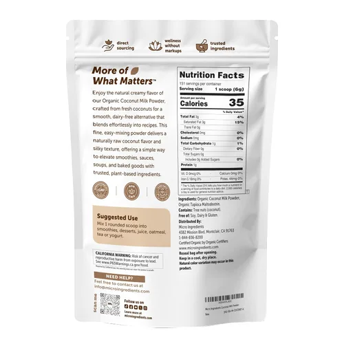 Vista 2 de Micro Ingredients Polvo de Leche de Coco Orgánico, 2 Libras Crema para Café, Té y Batidos a Base de Plantas Puro y Rico en MCT Sin