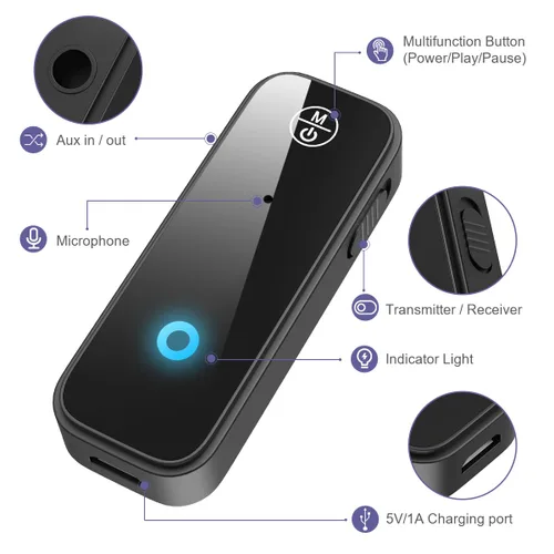 Vista 6 de Adaptador AUX Bluetooth para automóvil, receptor Bluetooth 5.3 y transmisor para automóvil viejo/estéreo doméstico/TV, adaptador de audio