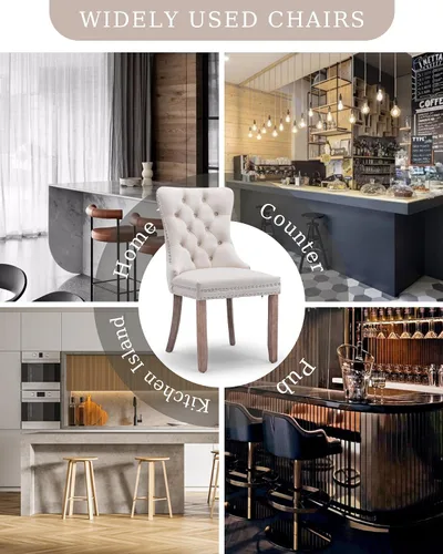 Vista 7 de Juego de 2 sillas de comedor de terciopelo con patas de madera, color beige Mid Century Modern Dining Chairs,Upholstered Chairs with Nailhead