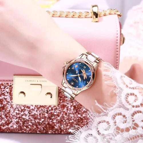 Vista 3 de OLEVS Relojes para mujer, de cuerda automática, oro rosa, diamante, reloj de pulsera mecánico automático, acero inoxidable, dos tonos, pulsera