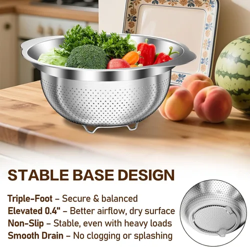 Vista 4 de Colador de acero inoxidable con tazón para mezclar, lavadora de arroz, colador para cocina, colador de arroz, lavado de frutas y verduras, colador