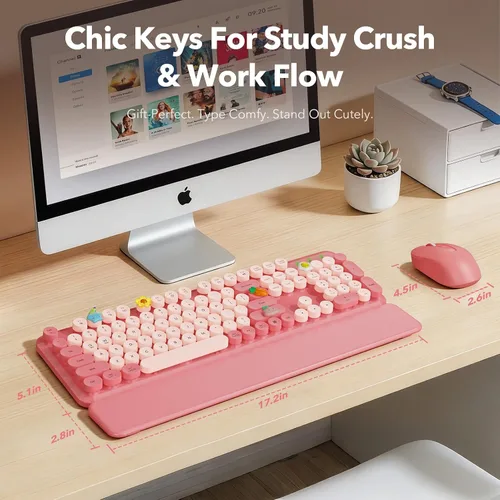 Vista 8 de Combo de teclado y mouse inalámbricos, teclado retro con teclas redondas, teclado estilo máquina de escribir de tamaño completo con reposamuñecas