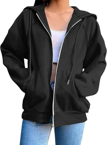 Vista 5 de JOFOW Sudaderas con capucha y cremallera para mujer 2026 Y2K 3- Negro