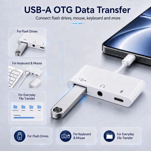 Vista 5 de Adaptador USB C 3 en 1 para iPhone 15 16, adaptador USB C a USB-A OTG con conector para auriculares de 0.1 in y puerto de carga rápida PD, divisor
