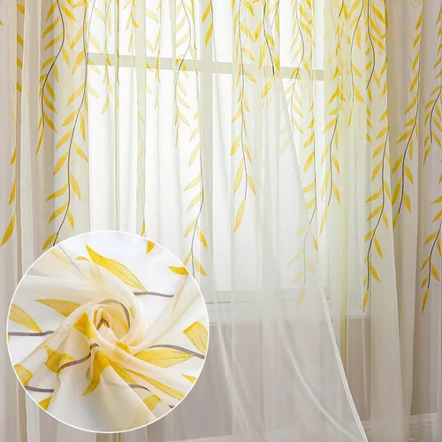 Vista 8 de BROSHAN Cortinas transparentes con diseño de bolsillo para ventana, bonito panel de cortina de vid con estampado de hojas, paneles de cortina