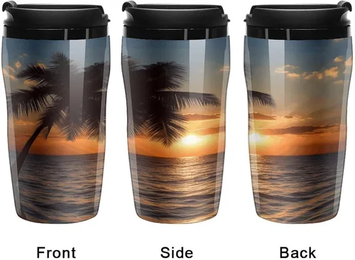 Vista 4 de Sunset Palm Tree Ocean Coffee Cup Hot Coffee Travel Mug Reusable Iced Coffee Cups Double Heat Insulation Coffee Mug with Leak-Proof Lid Stylish