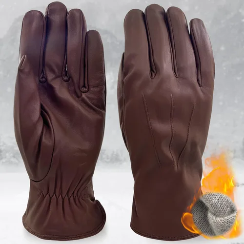 Vista 5 de ZLUXURQ Guantes de cuero de lujo para hombre con forro de cachemira, suave y cómodo piel de cordero Touchsreen
