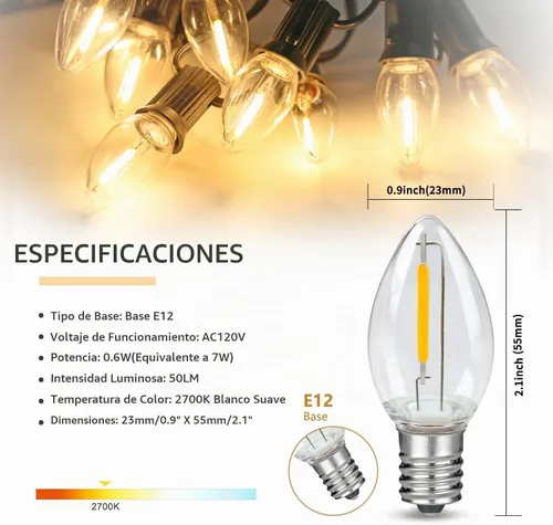 Vista 2 de Paquete de 2 cables de accesorios con 2 bombillas LED C7 con base de candelabro E12, cable blanco con enchufes de interruptor de encendido/apagado