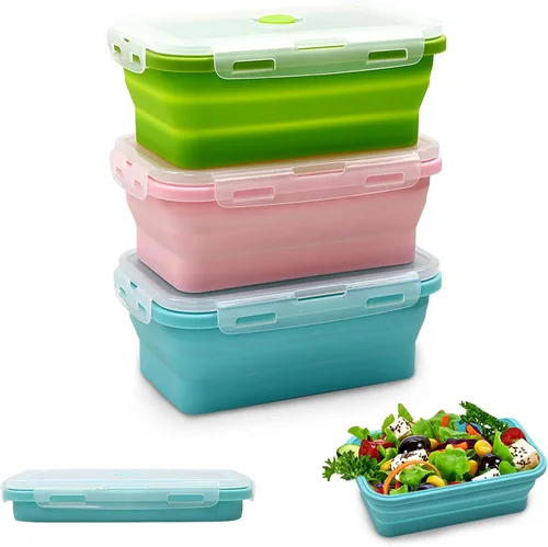 Vista 8 de Alimat PluS 11.8oz Juego de 3 Contenedores de Almacenamiento de Alimentos de Silicona Plegables con Tapas, Tamaño Pequeño, 350ml Contenedores