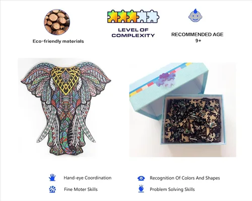 Vista 5 de HARTMAZE Rompecabezas de madera decorativo de elefante HM-06, rompecabezas de tamaño pequeño, 171 piezas de rompecabezas de formas únicas, hermoso