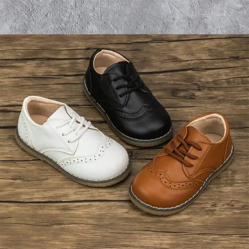 Vista 2 de Meckior Toddler Boys Girls Dress Shoes Little Kid Oxford Shoes Wedding Church Dress Shoes PU Leather Lace Up School Uniform Loafer Flats