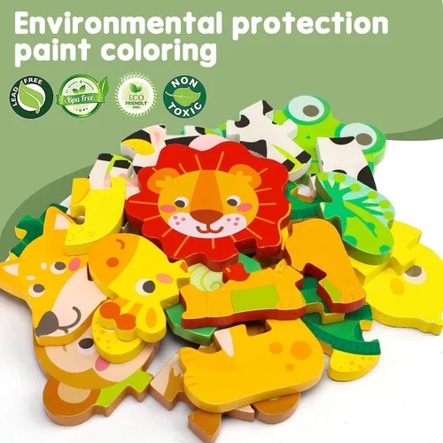 Vista 7 de TOY Life Juego de juguetes de madera con 2 autos de madera para bebés, 8 rompecabezas de madera de animales para niños pequeños