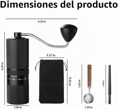 Vista 2 de Molinillo de café manual con rebabas de acero inoxidable, molinillo de café de mano, ajuste de molienda ajustable externo para expreso, prensa Negro