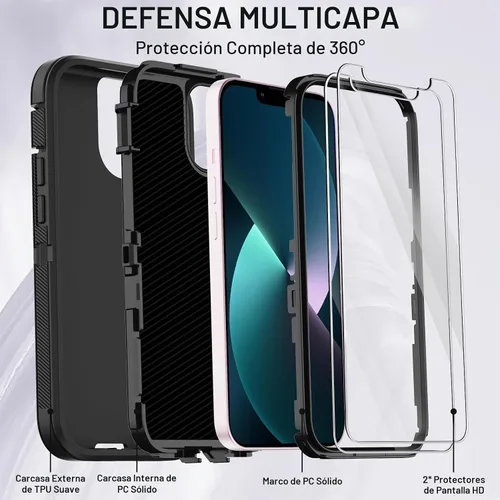 Vista 2 de Funda para iPhone 13 con 2 protectores de pantalla, protección contra caídas a prueba de golpes, cuerpo completo, resistente, 3 capas, militar Negro