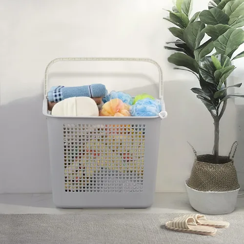 Vista 5 de Paquete de 4 cestas de plástico para ropa sucia de 35 L, cesta de almacenamiento con asa, color gris