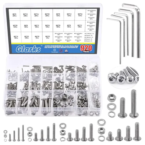 Vista 8 de Glarks 1021 tornillos de cabeza de botón M2 304 de acero inoxidable hexagonal, tornillos y tuercas arandelas kit surtido con llave hexagonal