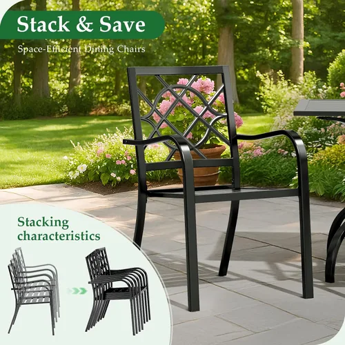 Vista 5 de Crownland Juego de 2 sillas de comedor de hierro forjado para patio, sillas apilables de metal con reposabrazos para jardín, piscina, patio trasero