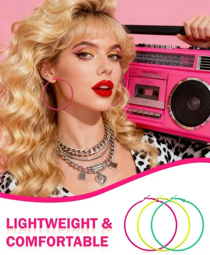 Vista 4 de 7pcs 80s Earrings for Women, Retro Colorful Neon Acrylic Earrings & Big Hoop Earrings, Playful Geometric Design, Perfect For 80s 90s Outfit Glow