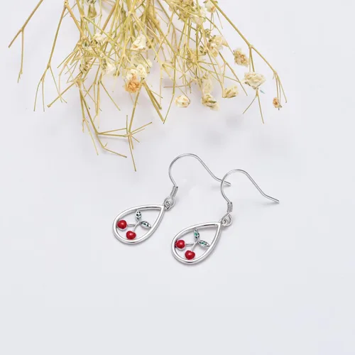 Vista 3 de NIFUNAO Aretes de cerezo de plata de ley con hoja verde y cereza roja, aretes colgantes de lágrima, aretes de fruta de cereza, regalos de joyería