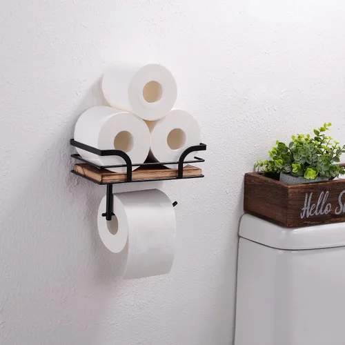 Vista 7 de Soporte de papel higiénico rústico de granja con estante – Decoración rústica de baño de granja – Accesorios de baño rústicos con estante de madera