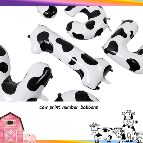 Vista 3 de Globo de 40 pulgadas con estampado de vaca con número 0 globos blancos con estampado de vaca, temática de vaquera, para niños, 10º cumpleaños