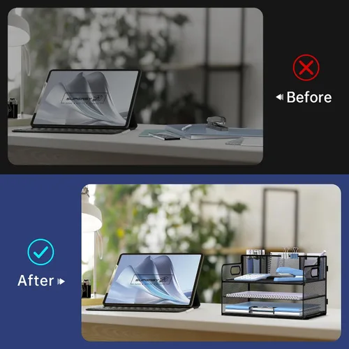 Vista 5 de SUPEASY Organizador de escritorio de 3 niveles con asa y 3 soportes para bolígrafos, organizador de papel/archivos de malla para escritorio