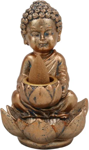Vista 2 de Ebros Eastern Enlightenment Little Baby Jizo Buddha con cabeza Ushnisha sentado en flor de loto, quemador de incienso, quemador de incienso, estatua
