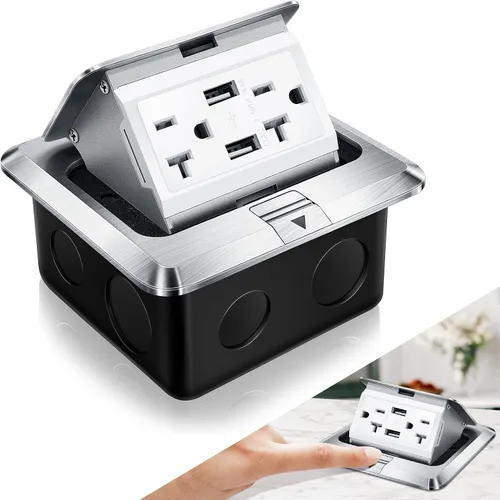 Vista 8 de Hoolerry Kit de 1 caja de cubierta de toma de corriente eléctrica de piso desplegable con cargador USB de 4.8 A, 20 amperios, impermeable