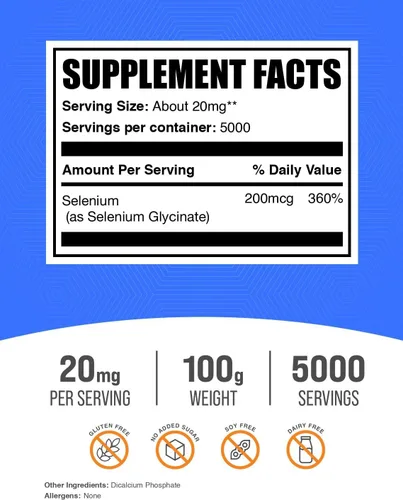 Vista 2 de BulkSupplements. com Selenio Glicinato en polvo – Selenio 200mcg, suplemento mineral – Rastro esencial mineral y sin gluten, 20 mg por porción, 100