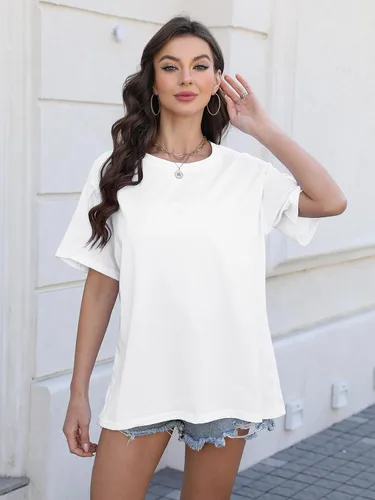 Vista 2 de Camisetas de gran tamaño para mujer, de manga corta, ajuste holgado, para verano, casual, básicas