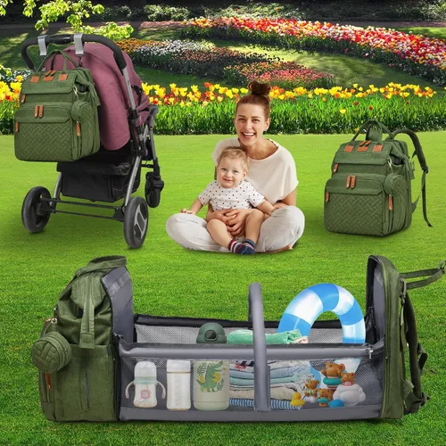 Vista 6 de ANWTOTU Mochila Bolsa para Pañales, Verde militar Mochila de viaje impermeable multifuncional con cambiador, estuche para chupete y correas