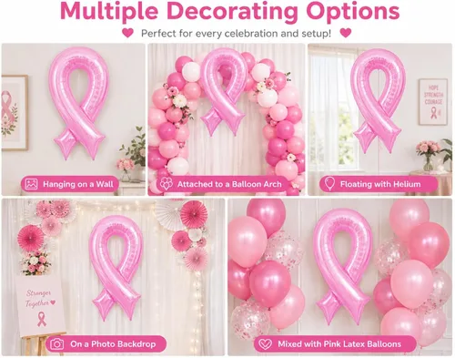 Vista 4 de Artisan Owl Globo de aluminio jumbo de 36 pulgadas con cinta rosa para concientización sobre el cáncer de mama para eventos de recaudación de fondos
