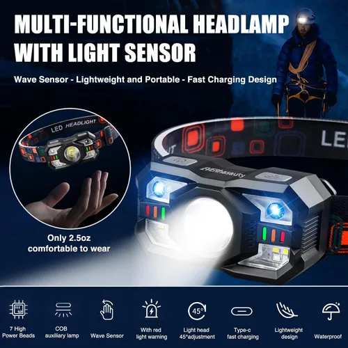 Vista 2 de Linterna frontal recargable, 1200 lúmenes súper brillante LED con sensor de movimiento, 10 modos, impermeable, ligera, linterna con luz roja