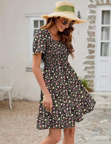 Vista 5 de Qirno Vestido corto de gasa para mujer, casual, cuello cuadrado, con vuelo, manga corta, fruncido, escalonado, acampanado, de gasa, S-XL
