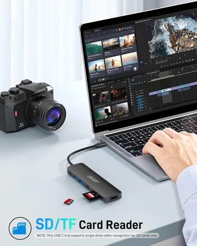 Vista 6 de Acer USB C Hub, Dock USB-C a HDMI 7 en 1, 2 USBA 3.1 GEN1 y puerto de datos Type-C de 5Gbps, puerto HDMI 4K, carga PD de 100W, lector de tarjetas