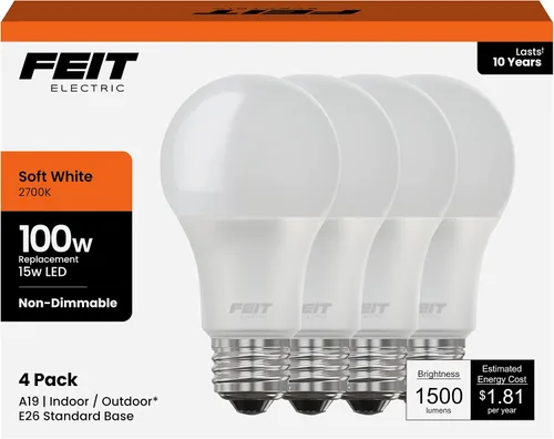 Vista 16 de Feit Electric Bombillas LED A19, equivalente a 100 W, no regulables, 1500 lúmenes, base estándar E26, blanco suave de 2700 K, 80 CRI, vida útil