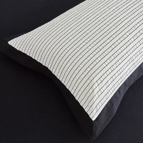 Vista 4 de SUSYBAO - Juego de funda de edredón de sirsaca a rayas blancas, 100% algodón, 3 piezas, 1 funda de edredón a rayas negras con lazos de cremallera, 2