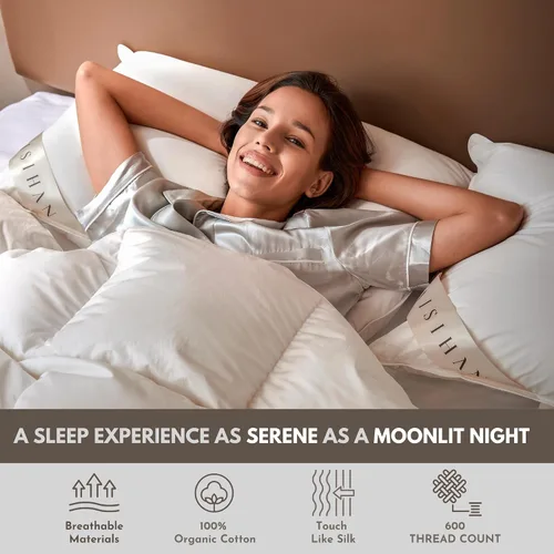 Vista 3 de Almohadas de plumón de ganso prémium tamaño Queen – 700+ potencia de relleno, almohada de plumón para dormir de lado, 100% algodón 500 hilos