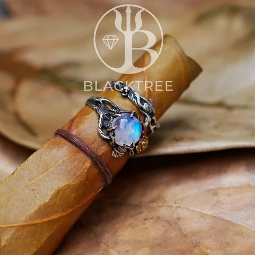 Vista 3 de Cleo & Mio - Juego de anillos de compromiso con piedra lunar arcoíris de 0.315 in, anillos de compromiso de oro y plata de ley para mujer, anillo