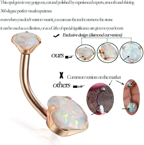 Vista 3 de Gabry&jwl Anillos para ombligo de ópalo de acero quirúrgico de 14 G, roscados internamente, anillo para el ombligo de oro rosa para mujeres y niñas