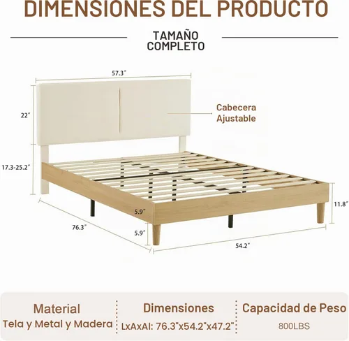 Vista 2 de VECELO Base de cama tamaño matrimonial tapizada con cabecera de algodón y lino ajustable en altura, listones de madera resistente, espacio debajo