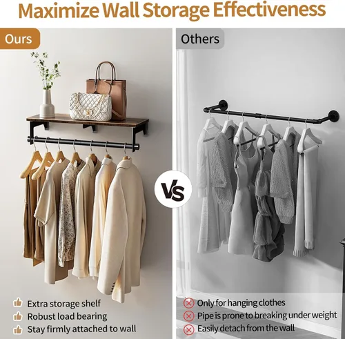 Vista 3 de Luxspire Perchero de 28.7 pulgadas, perchero montado en la pared con estante superior para colgar ropa, perchero industrial resistente, estantes
