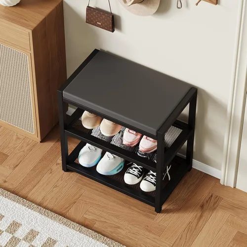 Vista 8 de ZHOOGE Banco pequeño para zapatos, banco de almacenamiento, banco de entrada, estante de zapatos con cojín de asiento, organizador de zapatos