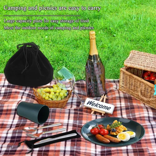 Vista 3 de Evanda Juego de cubiertos de camping, taza ligera reutilizable, plato y cubiertos de acero inoxidable con bolsa negra, apto para lavavajillas 1.1