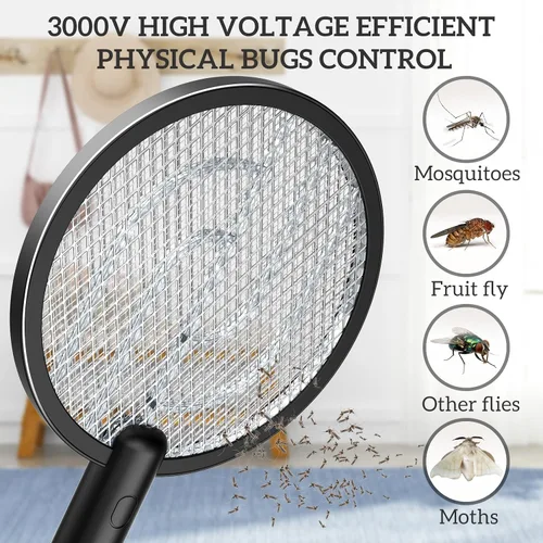 Vista 2 de Matamoscas eléctrico PALONE, 4000 V, doble modo, matamoscas mosquitos con base de carga tipo C, matamoscas de insectos con malla de seguridad de 3